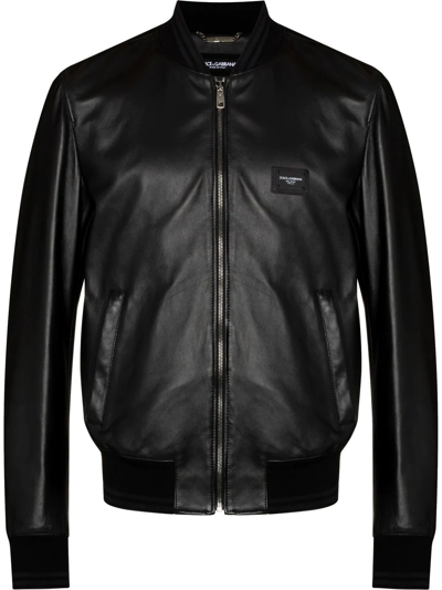 Shop Dolce & Gabbana Logo-plaque Leather Bomber Jacket In Schwarz