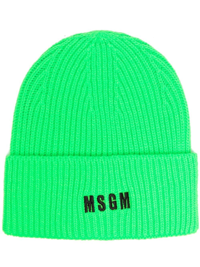 Shop Msgm Ribbed Logo-embroidered Beanie In Green