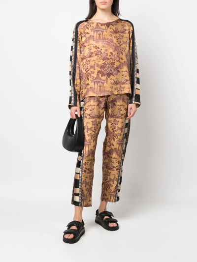 Shop Pierre-louis Mascia Panelled Graphic-print Silk Trousers In Braun