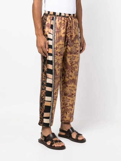 Shop Pierre-louis Mascia Panelled Graphic-print Silk Trousers In Braun