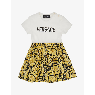 Shop Versace Bianco+nero+oro Barocco Logo-print Organic-cotton T-shirt Dress 6-36 Months
