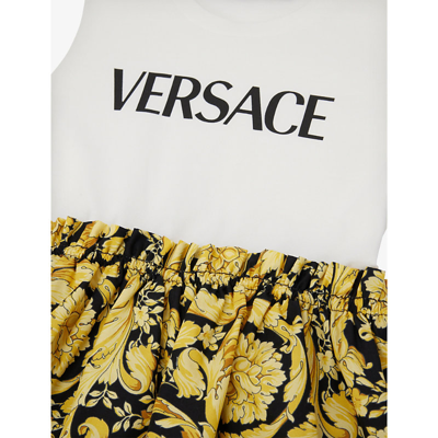 Shop Versace Bianco+nero+oro Barocco Logo-print Organic-cotton T-shirt Dress 6-36 Months