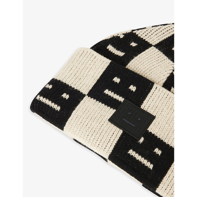 Shop Acne Studios Kuri Face-print Wool Beanie Hat In Black/oatmeal Melange