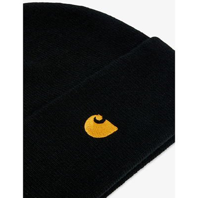 Shop Carhartt Wip Men's Black / Gold Chase Logo-embroidered Knitted Beanie Hat