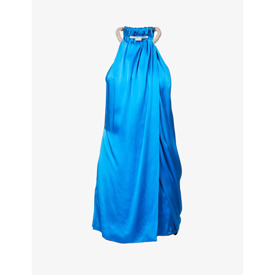 Shop Stella Mccartney Asymmetric Sleeveless Satin Mini Dress In Jewel Blue