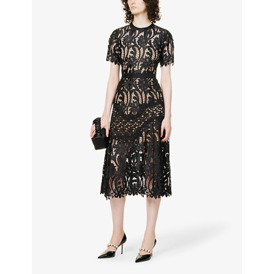 Shop Self-portrait Praire Floral-lace Woven Midi Dress In Black
