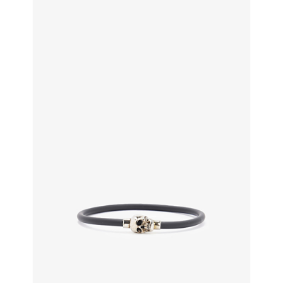 Shop Alexander Mcqueen Skull Brass And Rubber Cord Bracelet In Natural/silver