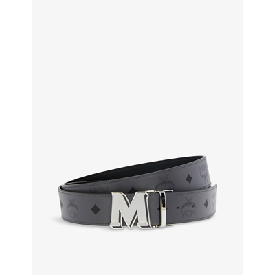 Shop Mcm Claus Visetos-print Reversible Leather Belt In Gray Pinstripe