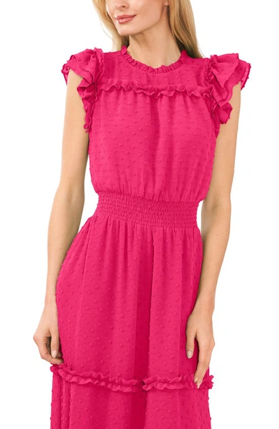 Cece Clip Dot Flutter Sleeve Midi Dress In Bright Rose
