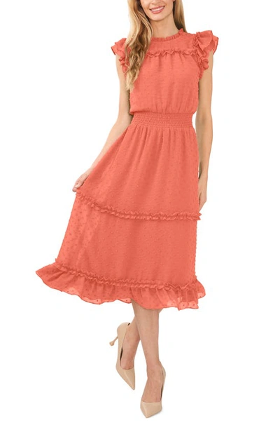 Shop Cece Clip Dot Flutter Sleeve Midi Dress In Cameo Coral