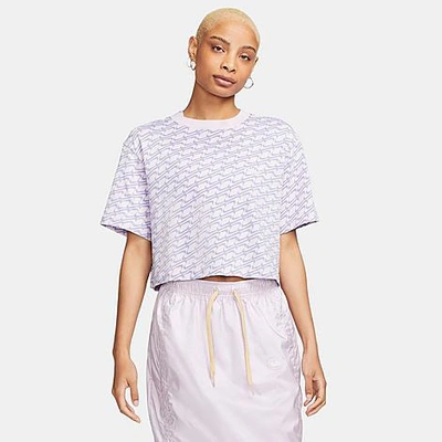 Shop Nike Women's Sportswear Icon Clash Swoosh Allover Print Cropped T-shirt In Doll/white