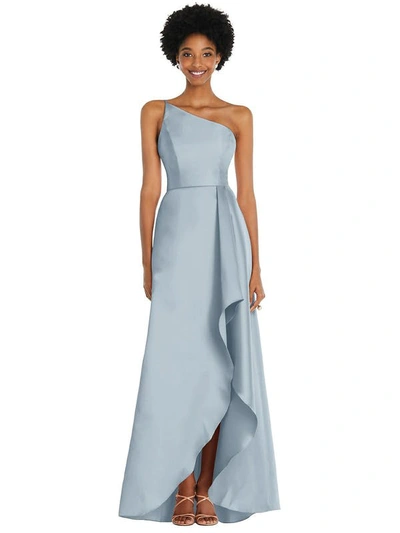Shop Alfred Sung One-shoulder Satin Gown With Draped Front Slit And Pockets In Blue