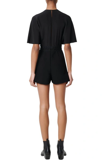 Shop Maje Idelle Lace Trim Short Sleeve Silk Romper In Black