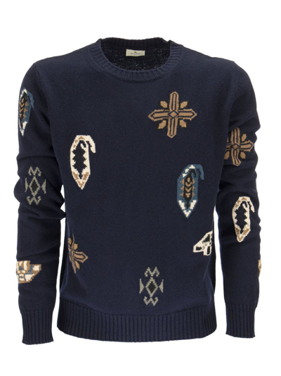 Shop Etro Intarsia Knitted Crewneck Jumper In Blue