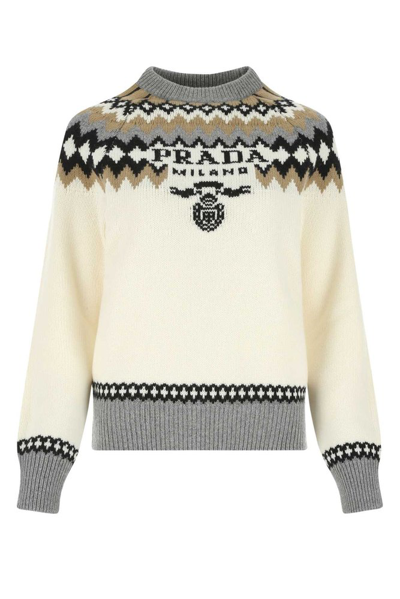 Shop Prada Logo Intarsia Mockneck Sweater In Beige