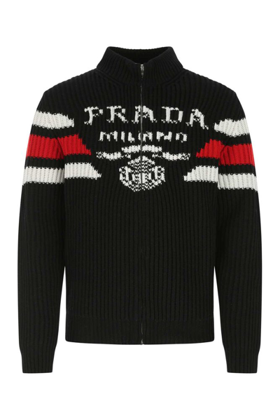 Shop Prada Striped Logo Intarsia Zip In Black