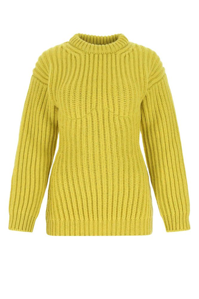 Shop Prada Logo Plaque Ribbed Knit Crewneck Sweater In Yellow