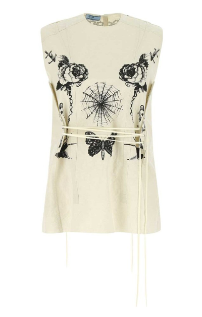 Shop Prada Floral Printed Lace In Beige