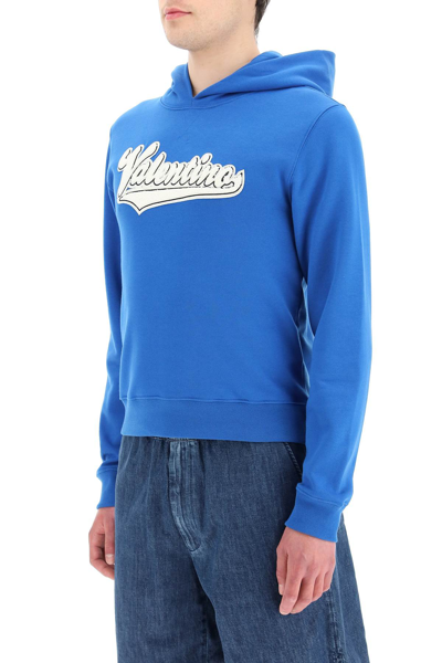 Shop Valentino Cotton Hoodie With Logo Patch In Blue