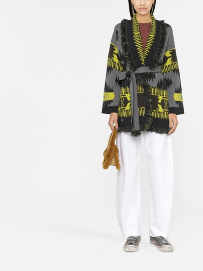 Shop Alanui Intarsia-knit Belted-waist Cardigan In 灰色