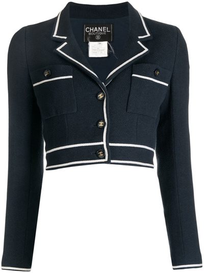 Pre-owned Chanel 1995 Cc-buttons Bouclé Cropped Jacket In Blue