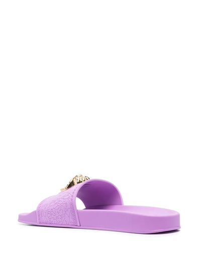 Shop Versace Medusa Plaque Flat Slides In Purple