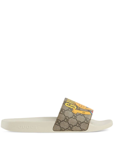 Gucci Beige Cat Print Slides ModeSens