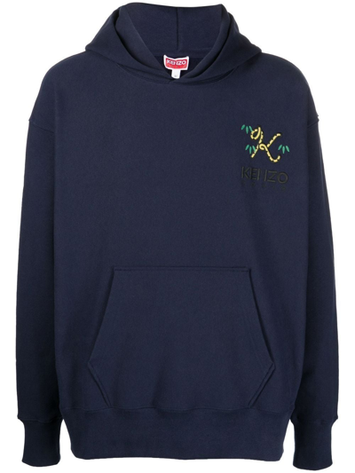 Shop Kenzo Logo Embroidered Hoodie In 蓝色