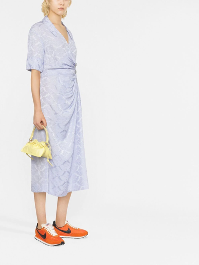 Shop Ganni Floral-print Draped Midi Dress In 蓝色