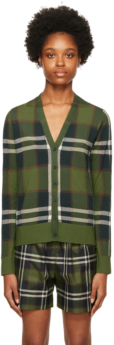Shop Burberry Green Check Cardigan In Olive