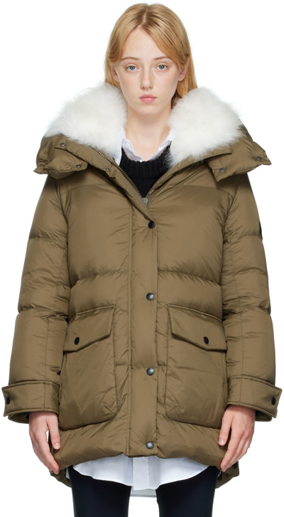 Yves Salomon 3/4 Puffer Jacket With Lambswool Hood In Kaki | ModeSens