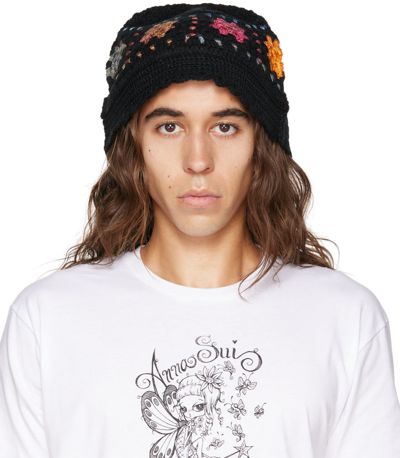 Shop Anna Sui Ssense Exclusive Black Crochet Bucket Hat In Orange Multi