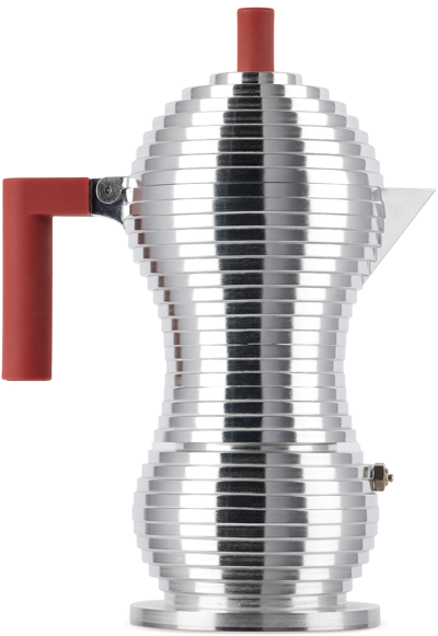 Shop Alessi Red Pulcina Espresso Coffee Maker In Stainless Steel/red