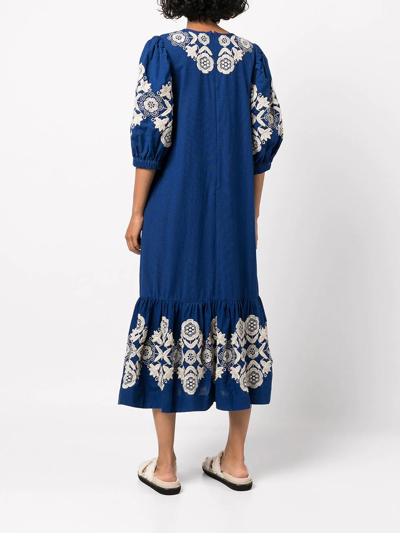 Shop Sea Floral-embroidered Puff-sleeve Dress In Blau