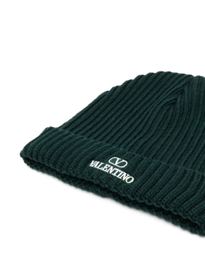 Shop Valentino Vlogo-embroidered Ribbed Wool Beanie In Grün
