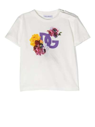 Shop Dolce & Gabbana Floral Logo-print T-shirt In Weiss