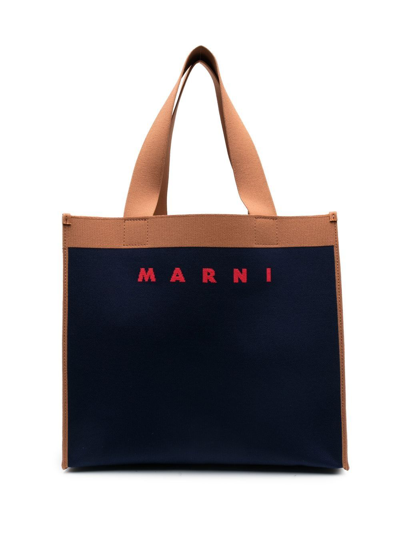 Shop Marni Logo-print Contrast-trim Tote In Blau