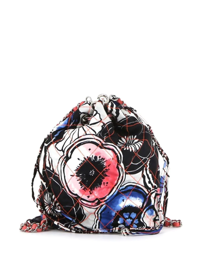 Pre-owned Chanel 2010 Floral Diamond-quilted Bucket Bag In Black