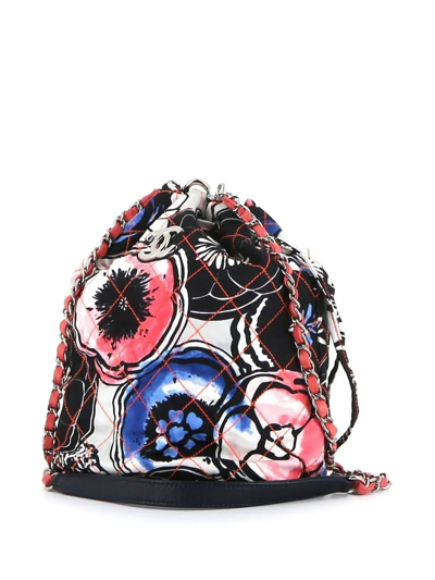 Pre-owned Chanel 2010 Floral Diamond-quilted Bucket Bag In Black