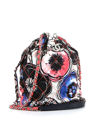 Pre-owned Chanel 2010 Floral Diamond-quilted Bucket Bag In Black