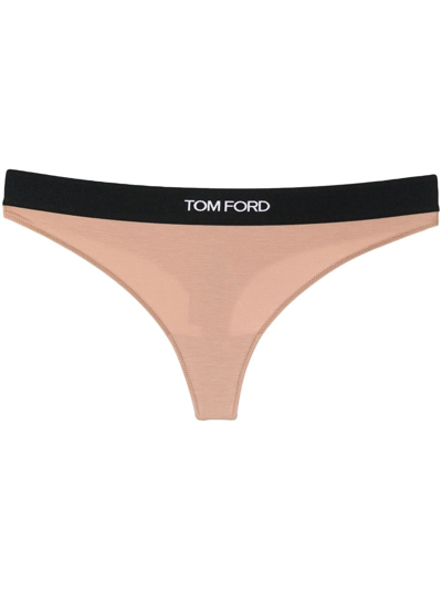 Shop Tom Ford Logo-waistband Detail Thong In Neutrals