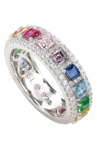 Suzy Levian Sterling Silver Rainbow Cubic Zirconia Modern Eternity Band In Rainbow