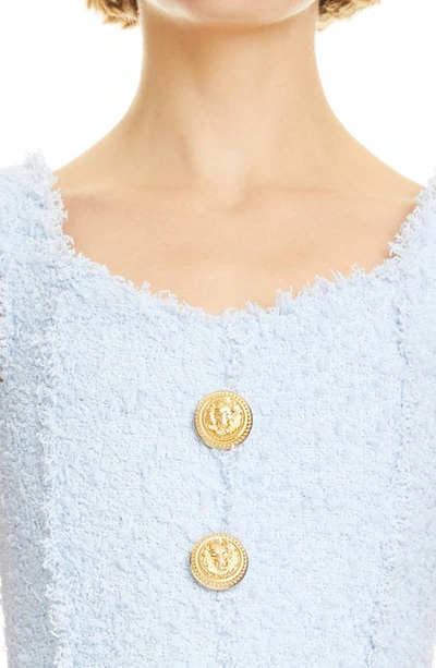 Shop Balmain Button Detail Tweed Crop Top In Bleu Pale