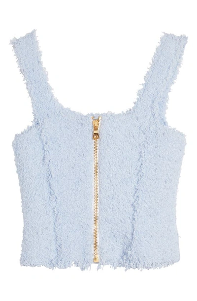 Shop Balmain Button Detail Tweed Crop Top In Bleu Pale