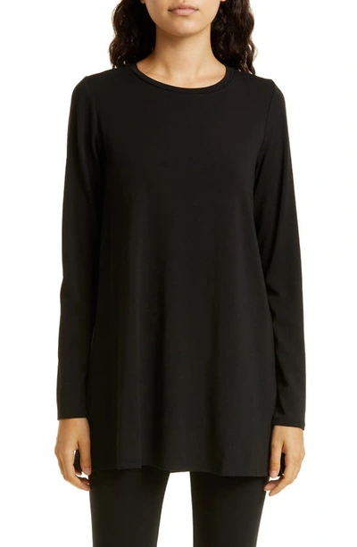 Shop Eileen Fisher Crewneck Long Sleeve Tunic Top In Black