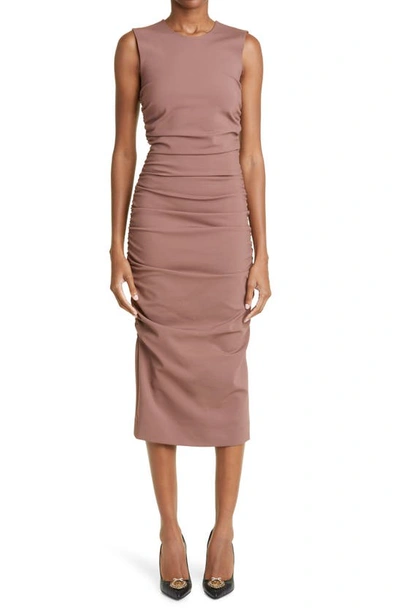 Shop Dolce & Gabbana Ruched Sleeveless Jersey Midi Dress In M0216 Nocciola 4