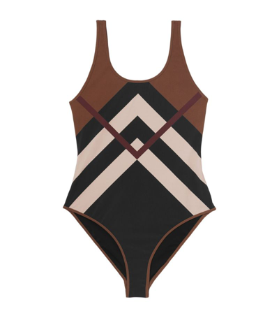 Shop Burberry Chevron Check Print Swimsuit In Brown
