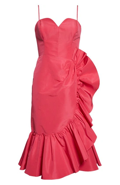 Shop Carolina Herrera Gathered Ruffle Detail Silk Midi Dress In Geranium