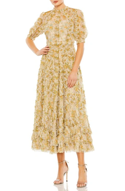 Shop Mac Duggal Floral Puff Sleeve Mesh A-line Dress In Yellow Multi