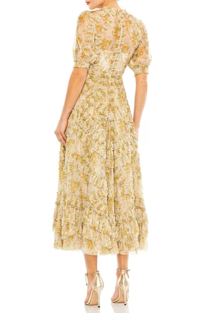 Shop Mac Duggal Floral Puff Sleeve Mesh A-line Dress In Yellow Multi